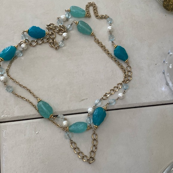 Very long pearl and sea glass recycled glass beads necklace - Picture 1 of 5